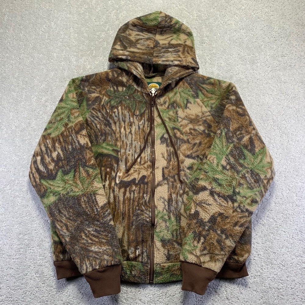 Vintage Cabelas Hoodie Mens XL Green Brown Camo Fleece Zip‎ Outdoor Hunting USA